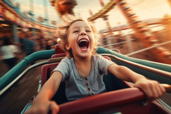 Happy child on a carousel. Background with selective focus. AI generated
