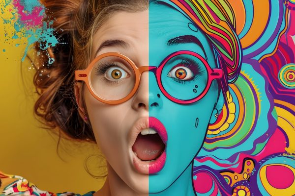 Surprised expressive face of a young woman on one side contrasted with a vibrant psychedelic cartoon version of the same face on the other side creating a striking and imaginative digital artwork