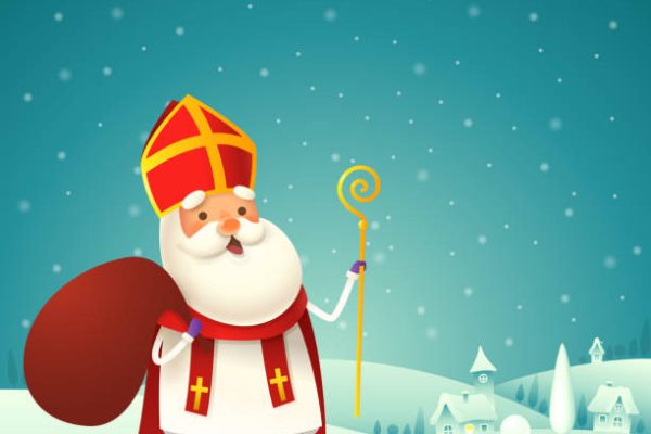 Cute Saint Nicholas - Sinterklaas with gift is coming to town - winter night landscape